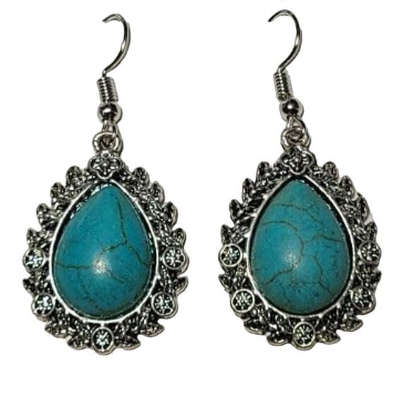 Silver Turquoise Stone Dangle Drop Fashion Earrings - Picture 1 of 2